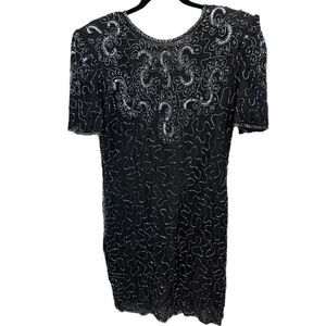 Vintage Black Beaded Short Sleeve Cocktail Dress Size L